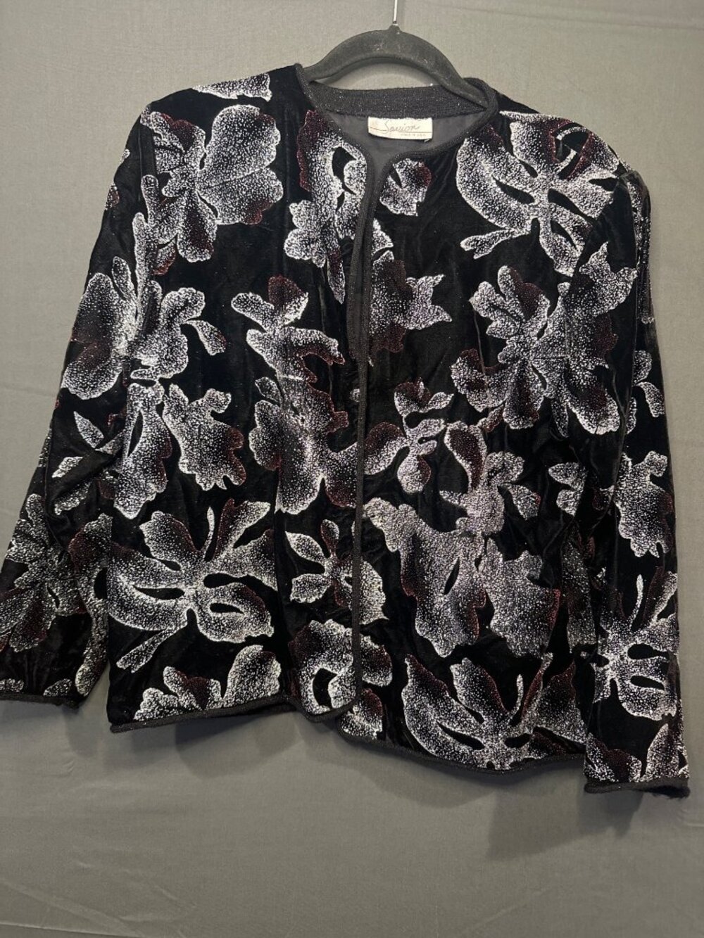 Vintage Savion Womens 10 Black Velvet Silver Floral Glitter Jacket Made USA